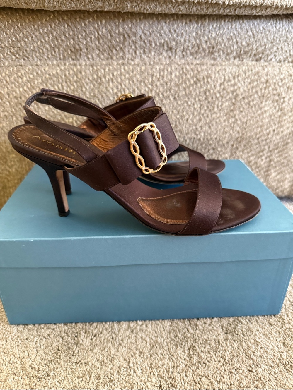 Amalfi Chocolate Brown Satin Open-Toe Heels with Gold Buckles - Picture 2 of 5